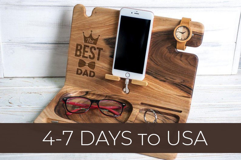 Personilized Wood Desk Organizer Mens Valet Charging Station Iphone Dock Father Day Gift Wooden Men