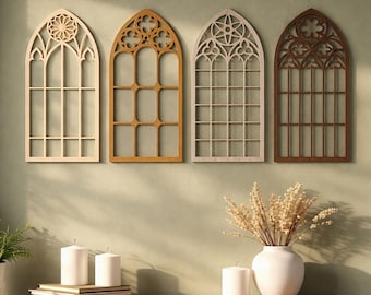 Gotisch raamdecor, kunst aan de muur kathedraal, gotisch huisdecor, gotisch wandpaneel, middeleeuwse muurkunst, gebogen houten frame, raamkozijn decor