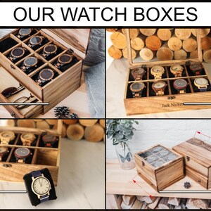 May include: Wooden watch boxes in various sizes, with a drawer and a glass top. The boxes are made of walnut wood and come with watch pillows. The boxes can hold 4-12 watches and can be personalized with custom engraving.