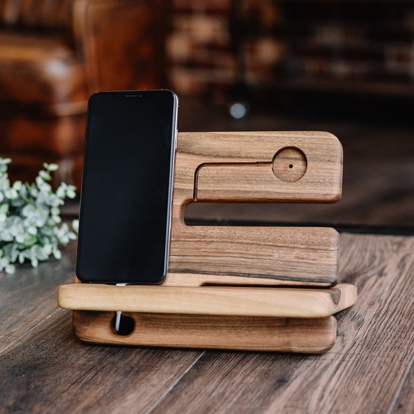 Charging station,Docking station men,Iphone stand,Mens docking station,Cell phone holder,Apple watch charging station,Wood docking station