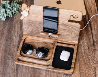 Cell phone stand,Watch stand,Cell phone holder,Night stand valet,Iphone stand wood,Charger station,Desk organizer wood,Personalize stand