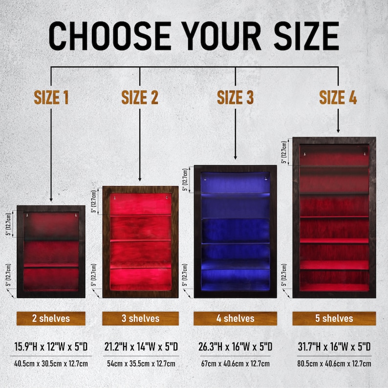 May include: Four different sizes of wall mounted display cases with red and blue velvet interiors. The cases have 2, 3, 4, and 5 shelves. The cases are 15.9 inches high by 12 inches wide by 5 inches deep, 21.2 inches high by 14 inches wide by 5 inches deep, 26.3 inches high by 16 inches wide by 5 inches deep, and 31.7 inches high by 16 inches wide by 5 inches deep.