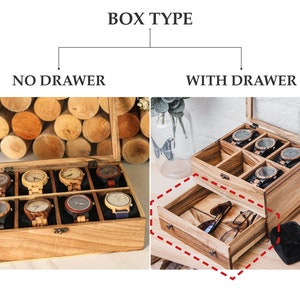 May include: Two wooden watch boxes, one with a drawer and one without. Both boxes have a glass top and are made of light brown wood. The box with the drawer has a small compartment for rings or other small items.