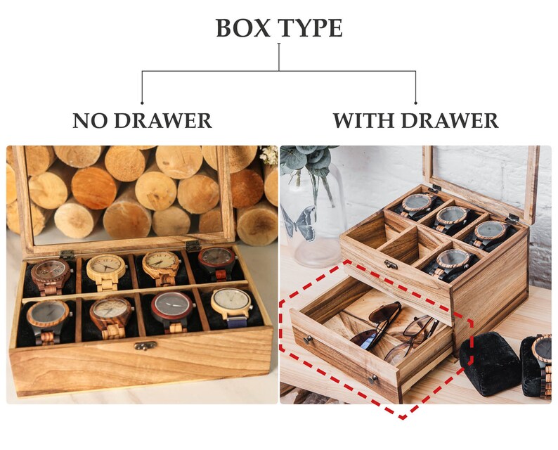 May include: Two wooden watch boxes, one with a drawer and one without. Both boxes have a glass top and are made of light brown wood. The box with the drawer has a small compartment for rings or other small items.