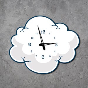 May include: A white cloud-shaped clock with black hands and blue numbers. The clock is set to 12:00.