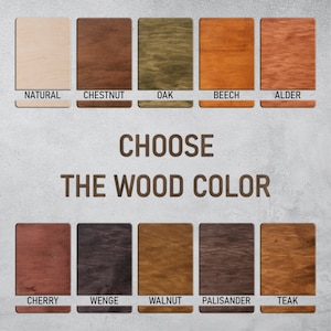 May include: A selection of ten wood stain colors for furniture, including natural, chestnut, oak, beech, alder, cherry, wenge, walnut, palisander, and teak. Choose the wood color.