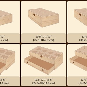 May include: Five wooden boxes with lids, each with a different size, ranging from 5.6 inches to 16.1 inches in length. The boxes have a drawer underneath. The boxes are made of light wood and have a natural finish.