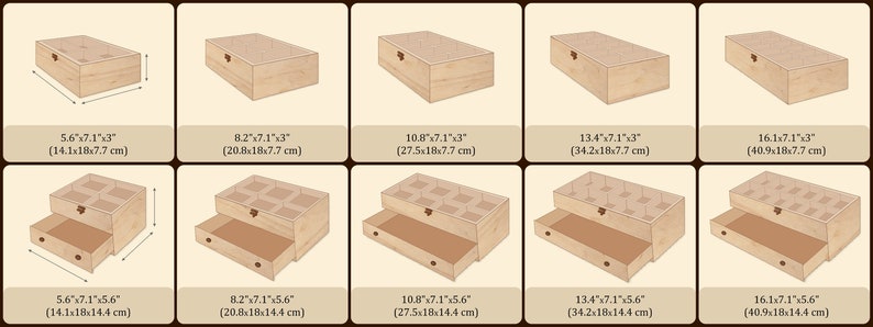 May include: Five wooden boxes with lids, each with a different size, ranging from 5.6 inches to 16.1 inches in length. The boxes have a drawer underneath. The boxes are made of light wood and have a natural finish.