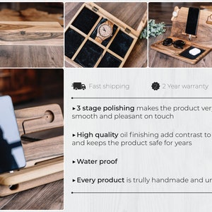 K&ouml;nnte beinhalten: Ein Holz-Telefonst&auml;nder mit einem Ladedock, eine Uhrenbox mit schwarzem Samt-Innenfutter und ein Holz-Telefonst&auml;nder mit einem Ladedock, Sonnenbrille und einem kabellosen Ladeger&auml;t. Der Telefonst&auml;nder ist aus dunklem Holz mit nat&uuml;rlicher Oberfl&auml;che. Die Uhrenbox ist aus hellem Holz mit nat&uuml;rlicher Oberfl&auml;che. Der Telefonst&auml;nder ist aus dunklem Holz mit nat&uuml;rlicher Oberfl&auml;che. Der Text "Schnelle Lieferung" und "2 Jahre Garantie" ist auf dem Bild zu sehen.