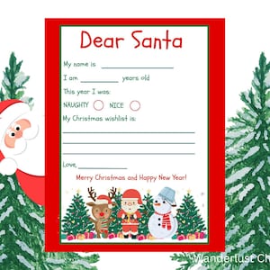 Carta para imprimir para o Papai Noel | Natal | Carta do Papai Noel | Carta de crianças para o Papai Noel | Imprimível | Papai Noel | Lista de desejos de Natal | Digitais | Escola