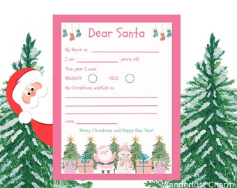 Druckbarer Brief an Santa | Rosa Weihnacht | Weihnachtsmann Buchstabe | Kinderbrief an den Weihnachtsmann | Druckbar | Weihnachtswunschliste | Digital | Schule