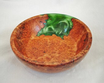 Stunning hand turned burr wych elm wood and emerald green resin fruit bowl