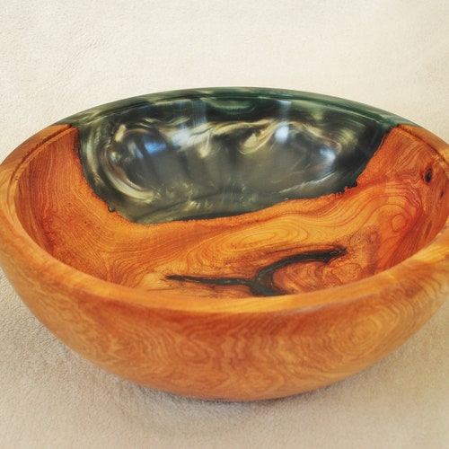 Stunning hand turned burr cherry wood and green resin fruit bowl