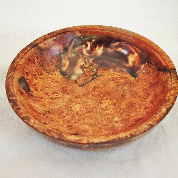 Beautiful hand turned burr wych elm wood and bronze resin fruit bowl. Ideal gift.