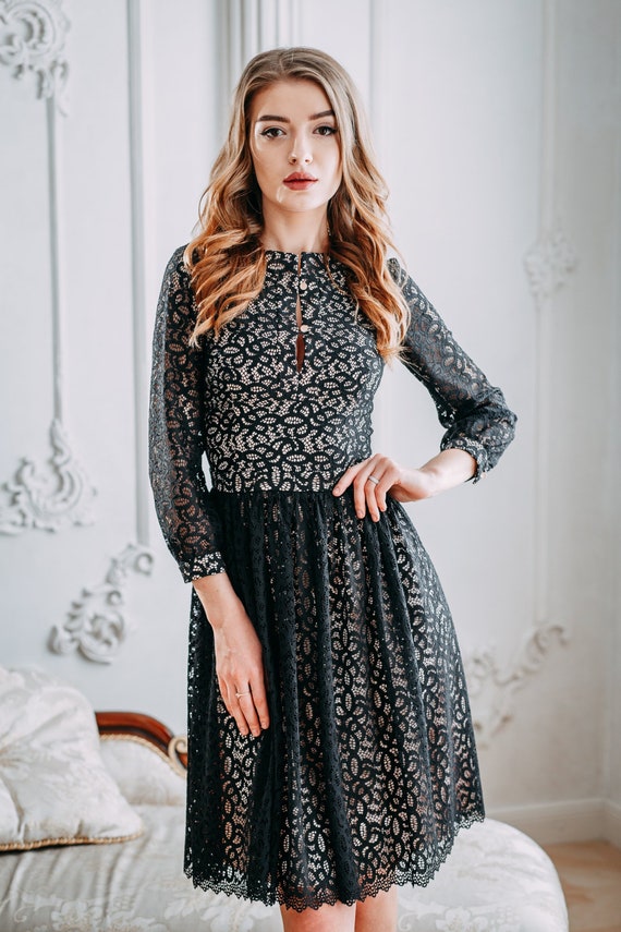 Elegant Black Lace Dress Black Guipure Dress Wedding Guest Etsy
