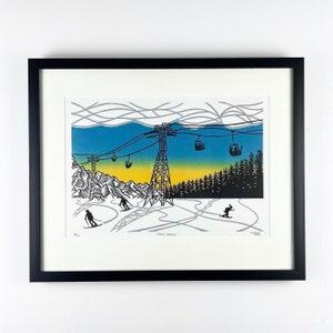 Snow Scene Original Linocut Print, A3 Print, Skiing Art, Sunset Linocut, Winter Scene, Skiing Gift, New Home Gift, Wall Art