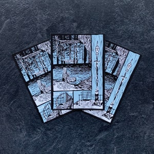 3 x conjunto de cartões postais de docas, cartão postal de Bristol, miniaturas abandonadas de docas, impressão artística pequena, arte em linogravura, conjunto de cartões postais ilustrados em azul
