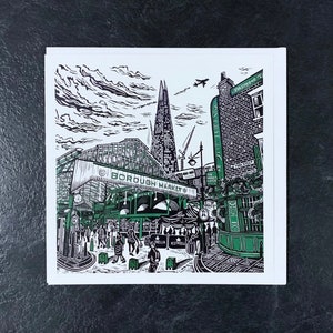Carte de voeux Borough Market, Carte de Londres, Paysage de marché, Cadeau Londres, Carte de voeux illustrée, Carte-cadeau, Carte vierge
