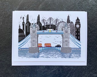 London Scene Greetings Card, London Card, London Landscape, London Gift, Illustrated Greetings Card, Gift Card, Blank Card