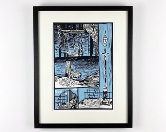 Docks Print, A3 Print, Digital Art, Abandoned Docks, Linocut Print, Bristol, Ship Yard, New Home Gift, Wall Art