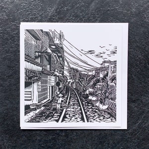 Tarjeta de felicitación de vías de tren, tarjeta de felicitación de Hanoi, ilustración Linograbado para cualquier ocasión, tarjeta de paisaje urbano, tarjeta de regalo, tarjeta en blanco