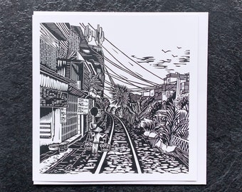 Train Tracks Greetings Card, Hanoi Greetings Card, Linocut Illustration For Any Occasion, Cityscape Card, Gift Card, Blank Card