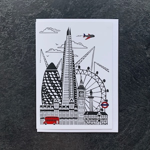 Carte de voeux Silhouette City, Carte de Londres, Linogravure de Londres, Cadeau Londres, Carte de voeux illustrée, Toutes les occasions, Carte-cadeau, Carte vierge