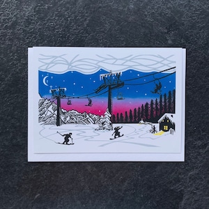 Alpine Antics Grußkarte, Alpendruck, Skikarte, Linolschnittkarte, illustrierte Grußkarte, Geschenkkarte, Blankokarte