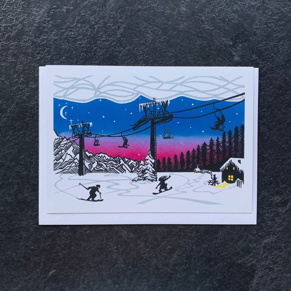 Alpine Antics Greetings Card, Alpine Print, Skiing Card, Linocut Card, Illustrated Greetings Card, Gift Card, Blank Card