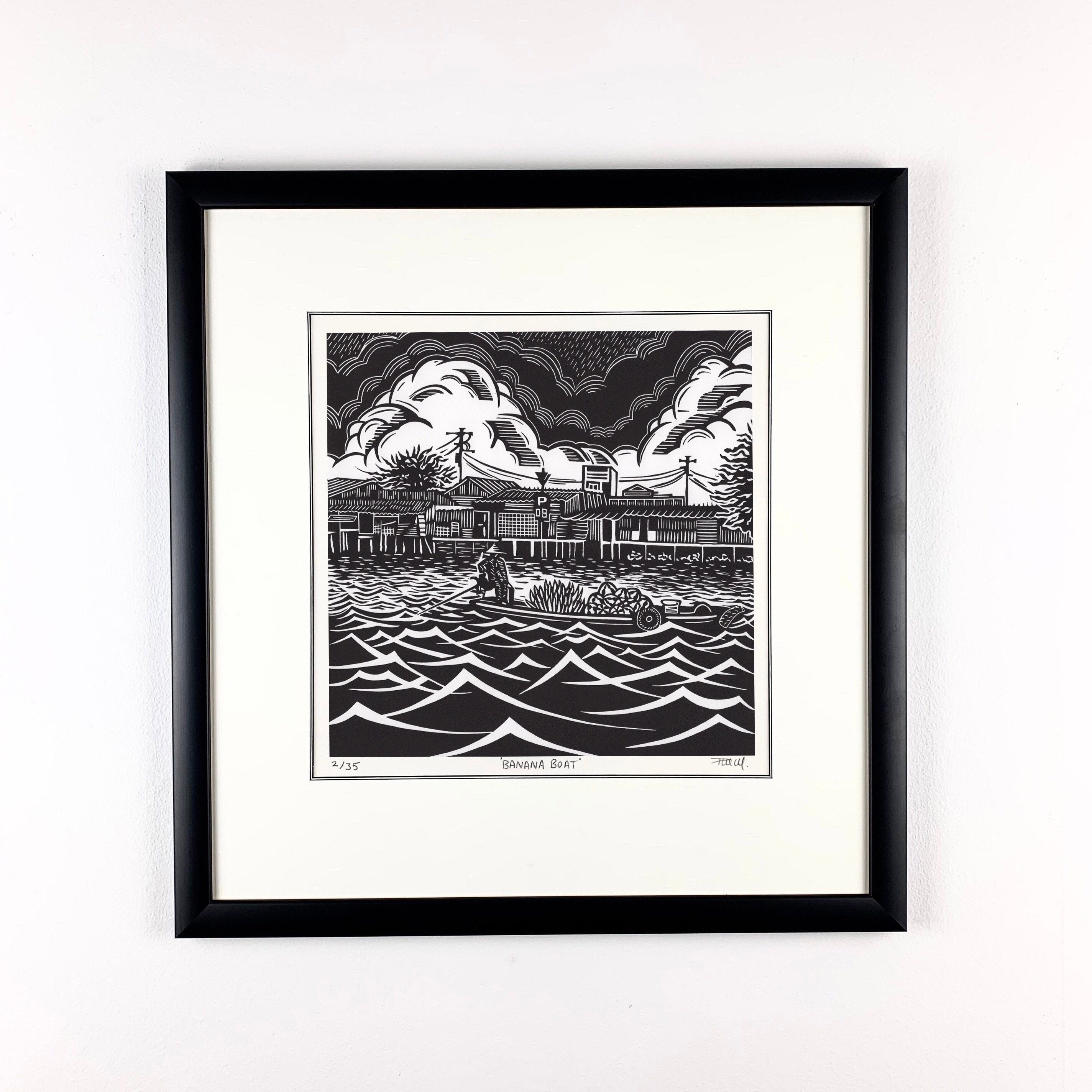 Impressão de linogravura original de barco banana, impressão do Vietnã, linogravura de mercado flutuante, impressão asiática, presente, decoração de casa, arte de parede