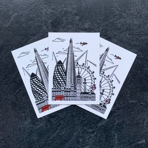 3 x Silhouette City Postcard Set, London postcard, City Scene, London, Small Art Print, Linocut, Illustrated London Postcard Set