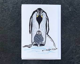 Penguin Greetings Card, Penguin Card, Fishing Linocut Card, Illustrated Animal Greetings Card, Animal Character Card, Gift Card, Blank Card