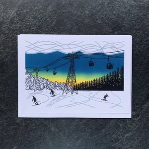 Schneeszene-Grußkarte, Alpendruck, Schneekarte, Skikarte, französische Alpen-Geschenkkarte, illustrierte Grußkarte, Geschenkkarte, leere Karte