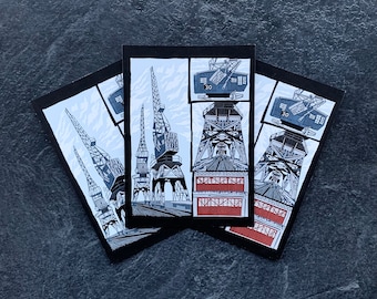 3 x Bristol Cranes Postcard Set, Harbourside, Cranes Art Print, Linocut, Architectural Design, Illustrated Bristol Cards
