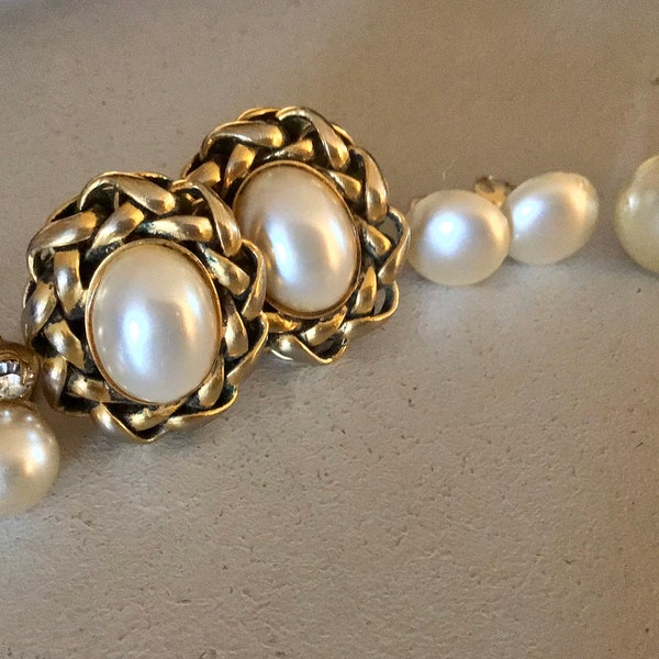 Fine pairs of Vintage clip on earrings with faux pearls, costume jewellery