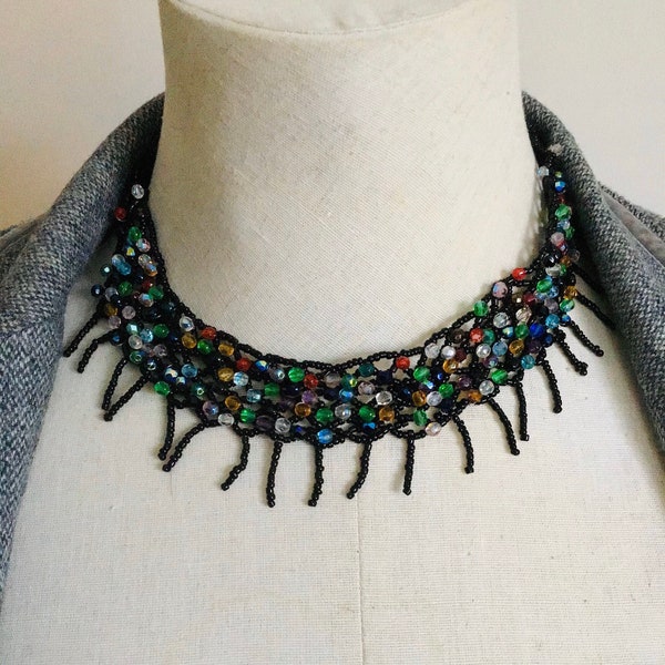 Hand Knitted Necklace WIth Glass Beads. 40 Centimetres