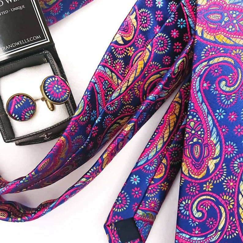 Unique necktie pink blue mens gift set 1 of only 1 made Paisley Limited Edition Mens silk tie and cufflinks set