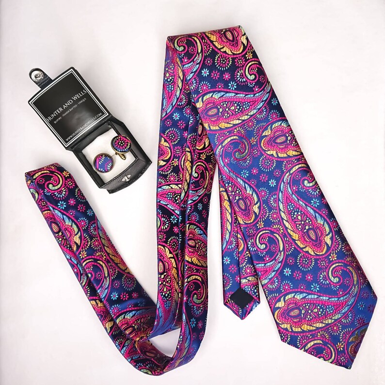Unique necktie pink blue mens gift set 1 of only 1 made Paisley Limited Edition Mens silk tie and cufflinks set