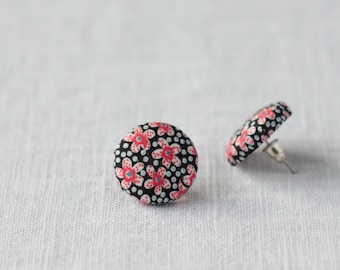 Pink Flower Earring, Fabric Button Earring Floral Jewellery, Stud Earring