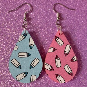 Gender Reveal Earrings: Laser Cut Acrylic Baby Bottle Earrings, Baby Shower, Mothers Day, Boy, Girl, Pink, Blue, Best Gifts for Her/Him/Them