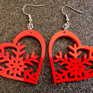 Heart Snowflake Earrings: Laser Cut Acrylic Snowflakes in Hearts, Stormy Weather, Snowing, Love Snow, Winter, Best Gifts for Her/Him/Them