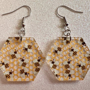 Bee Earrings: Laser Cut Acrylic Honey Bees, Bumblebees, Bumble Bees, Honeybees, Insects, Honey, Yellow, Hive, Best Gifts for Her/Him/Them