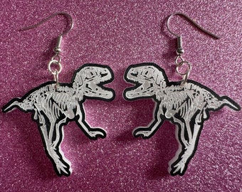 Dinosaur Skeleton Earrings: Laser Cut Acrylic Dinosaurs, Bones, Skeletons, Novelty Earrings, Costume Jewelry, Best Gifts for Her/Him/Them