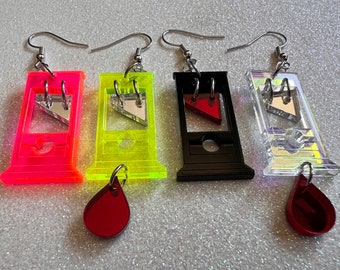 Mini Guillotine Earrings: Halloween, Scary, Horror, Execution, Death, Decapitation, Laser Cut Acrylic & Wood, Gifts for Her/Him/Them