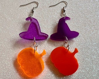 Pumpkins & Purple Witch Hat Halloween Earrings: Laser Cut Acrylic, Jack-o-Lanterns, Witchy, Spooky, Best Gifts for Her/Him/Them