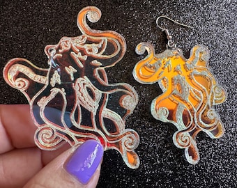 Iridescent Octopus Earrings: Laser Cut Acrylic Octopuses, Aquarium Fish, Ocean Creatures, Tropical Animals, Octopi, Gifts for Her/Him/Them