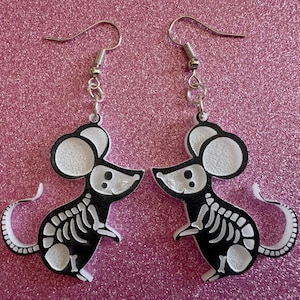 Dainty Halloween Mouse Earrings: Laser Cut Acrylic Mice, Rodent Skeleton, Novelty Costume Jewelry, Gag Gift, Best Gifts for Her/Him/Them