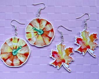 Fall Earrings: Love Halloween, Pumpkin, Leaves, Autumn, Maple Leaves, Gifts for Her/Him/Them