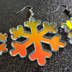 Iridescent Snowflake Earrings: Laser Cut Acrylic Snowflakes, Stormy Weather, Snowing, Snow Storm, Winter, Gifts for Her/Him/Them