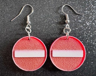No Entry Sign Earrings: Laser Cut Acrylic Signs, No, Warning, Alarm, Attention Driving, Red & White Road Sign, Best Gifts for Her/Him/Them